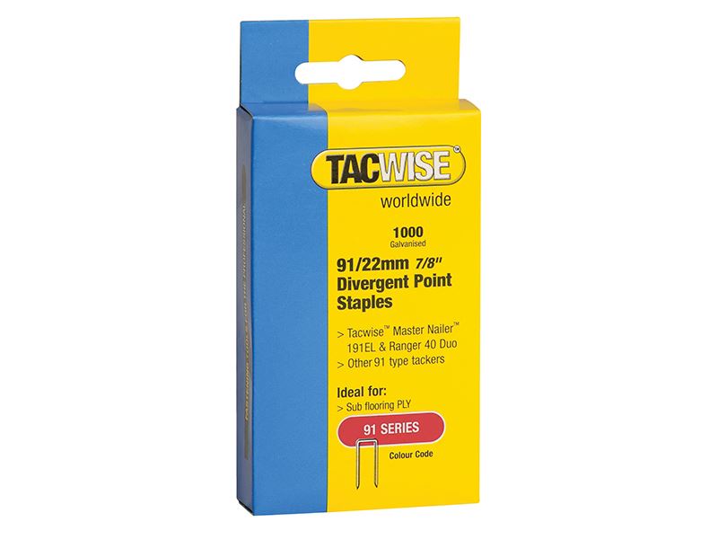 Tacwise Grapas de Corona Estrecha Serie 91, 22 mm, Galvanizadas (Pack de 1000)