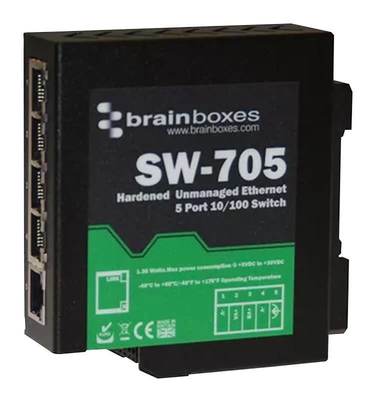 BRAINBOXES - Commutateur Ethernet Industriel 5 Ports, Montage sur Rail DIN, -40