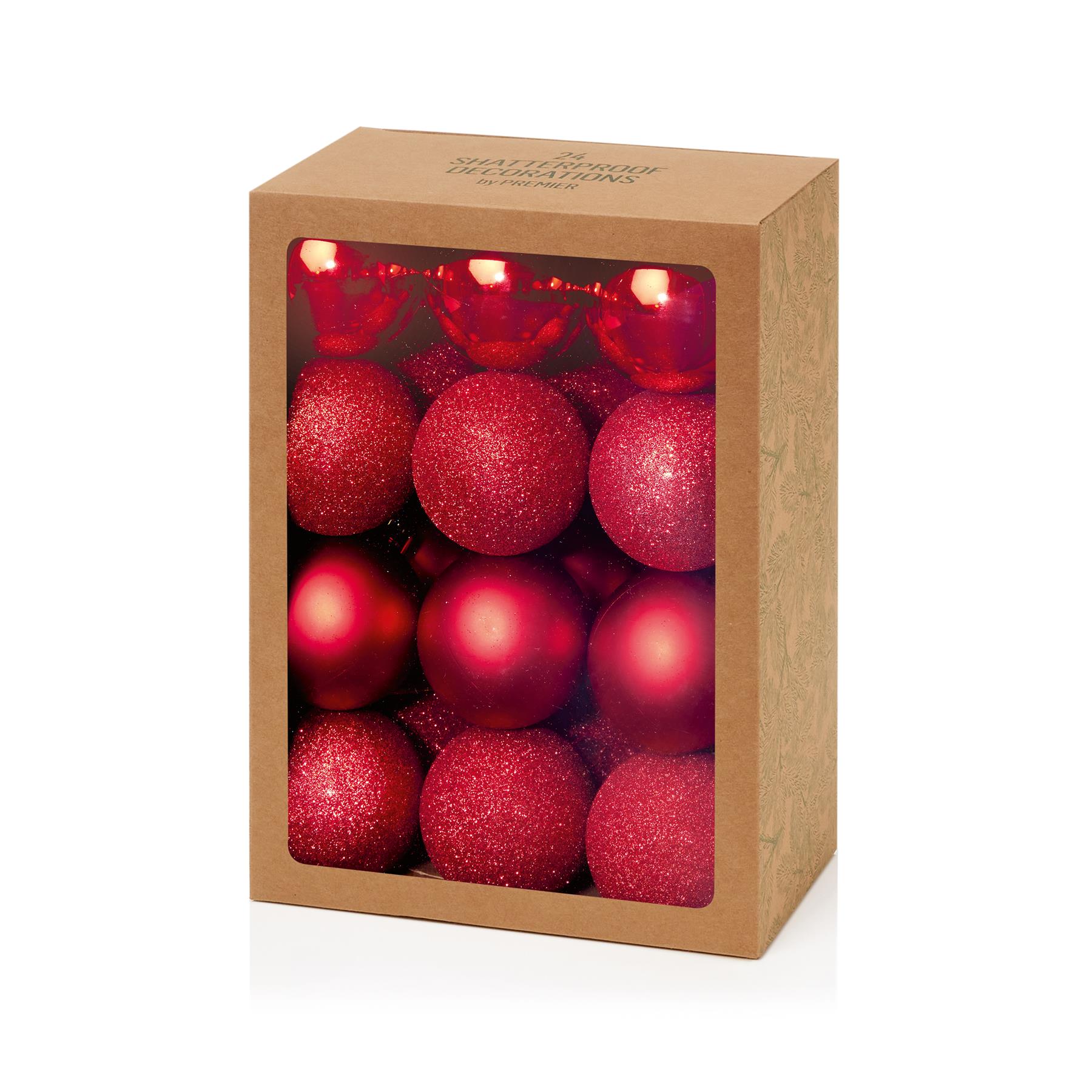 Premier Decorations Rode Multifinish Kerstballen, 60mm, Pak van 24