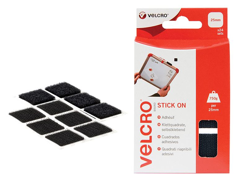 VELCRO® Stick On Squares, Black, 25mm, Pack of 24