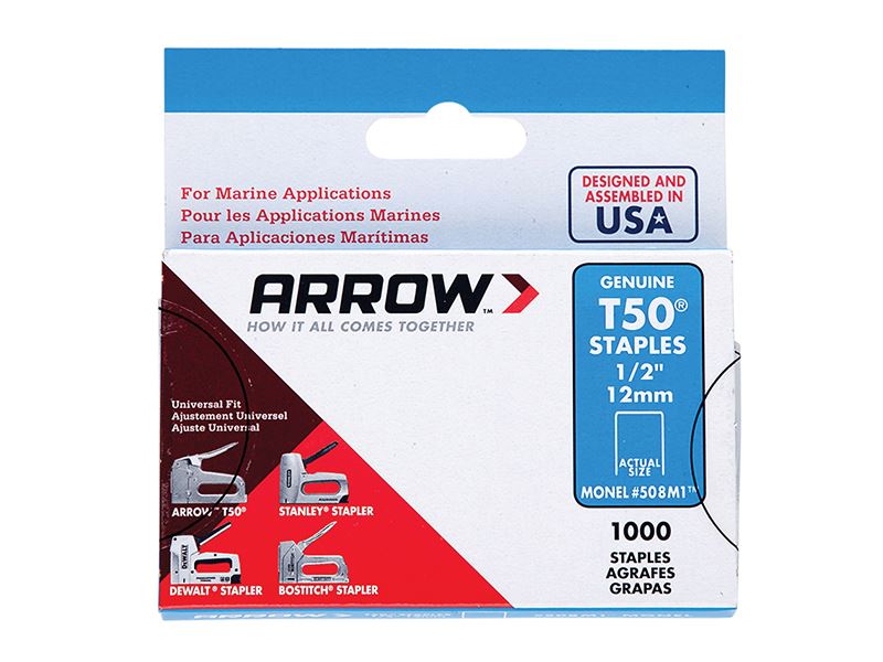 Arrow T50M Monel Staples, 12mm (1/2in), Box of 1000