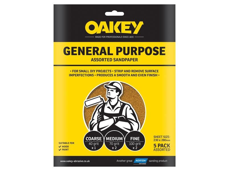 Oakey Medium 80G Glasspaper Sanding Sheets, 230 x 280mm, Pack of 5