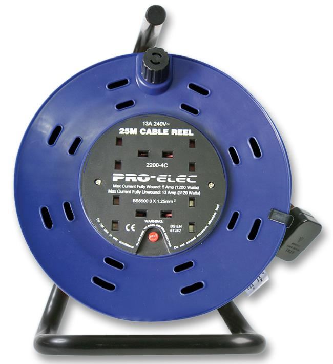 PRO ELEC Kabeltrommel 25m, 13A 4-fach mit Metallrahmen