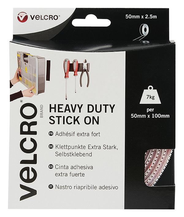 VELCRO® Heavy Duty Stick On Hook & Loop Tape, White, 50mm x 2.5m
