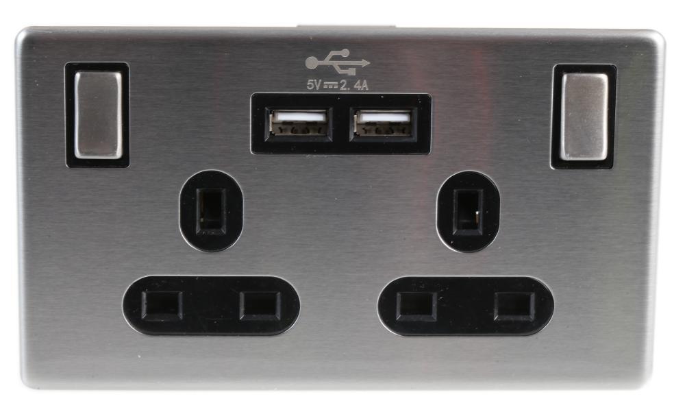 PRO ELEC Steckdose schraubenlos mit 2x USB-Anschlüssen, 2-fach, Edelstahl