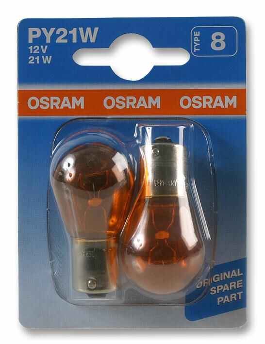 OSRAM 12V 21W PY21W BAU15s 자동차 사이드/테일 라이트 전구, 호박색 (2개입)