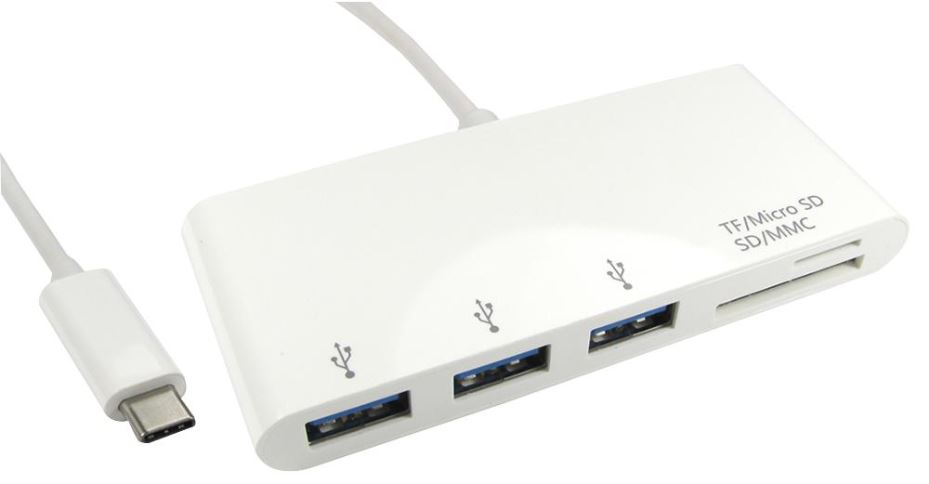 HiLo Hub USB 3.0 de 3 Puertos con Lector de Tarjetas SD, USB-C a USB-A, Blanco