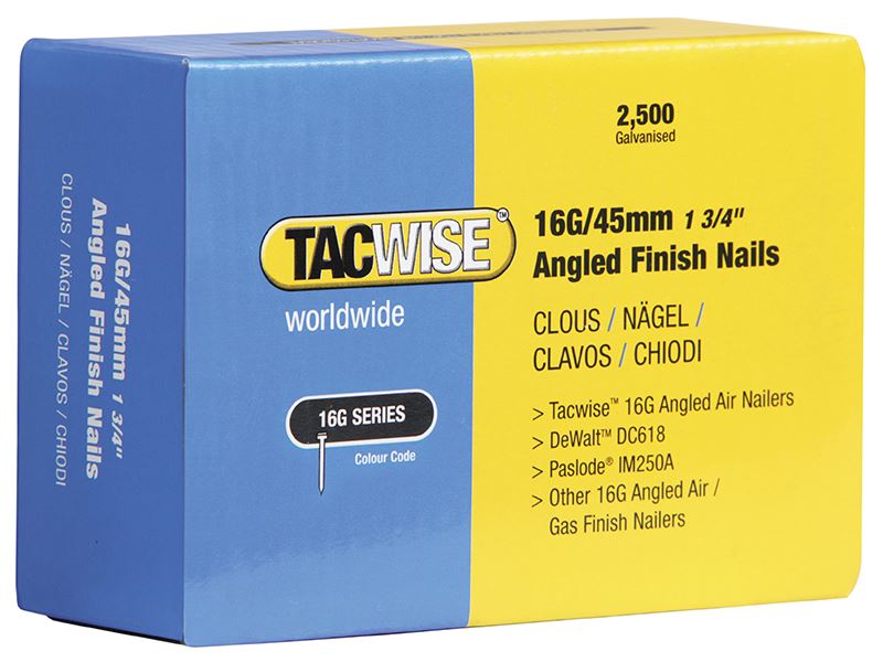 Tacwise 16G Angled Finish Nails, Galvanised, 32mm (Pack of 2500)