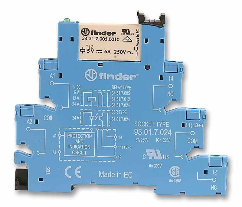 FINDER Relé de Terminais Parafusados, 6A, 24V DC, Montagem em Trilho DIN
