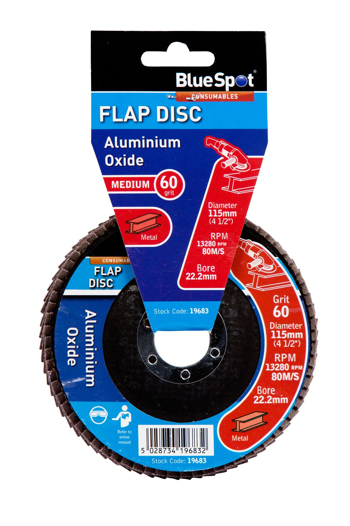 Blue Spot Disco de Lija Flap Óxido de Aluminio 60 Grit 115mm para Amoladoras