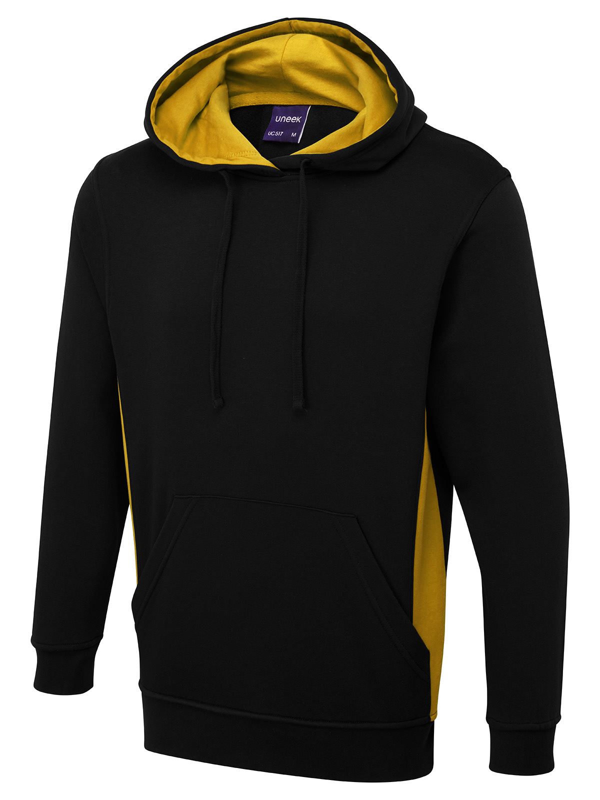 Uneek Two Tone Hooded Sweatshirt - Black/Yellow, Size M