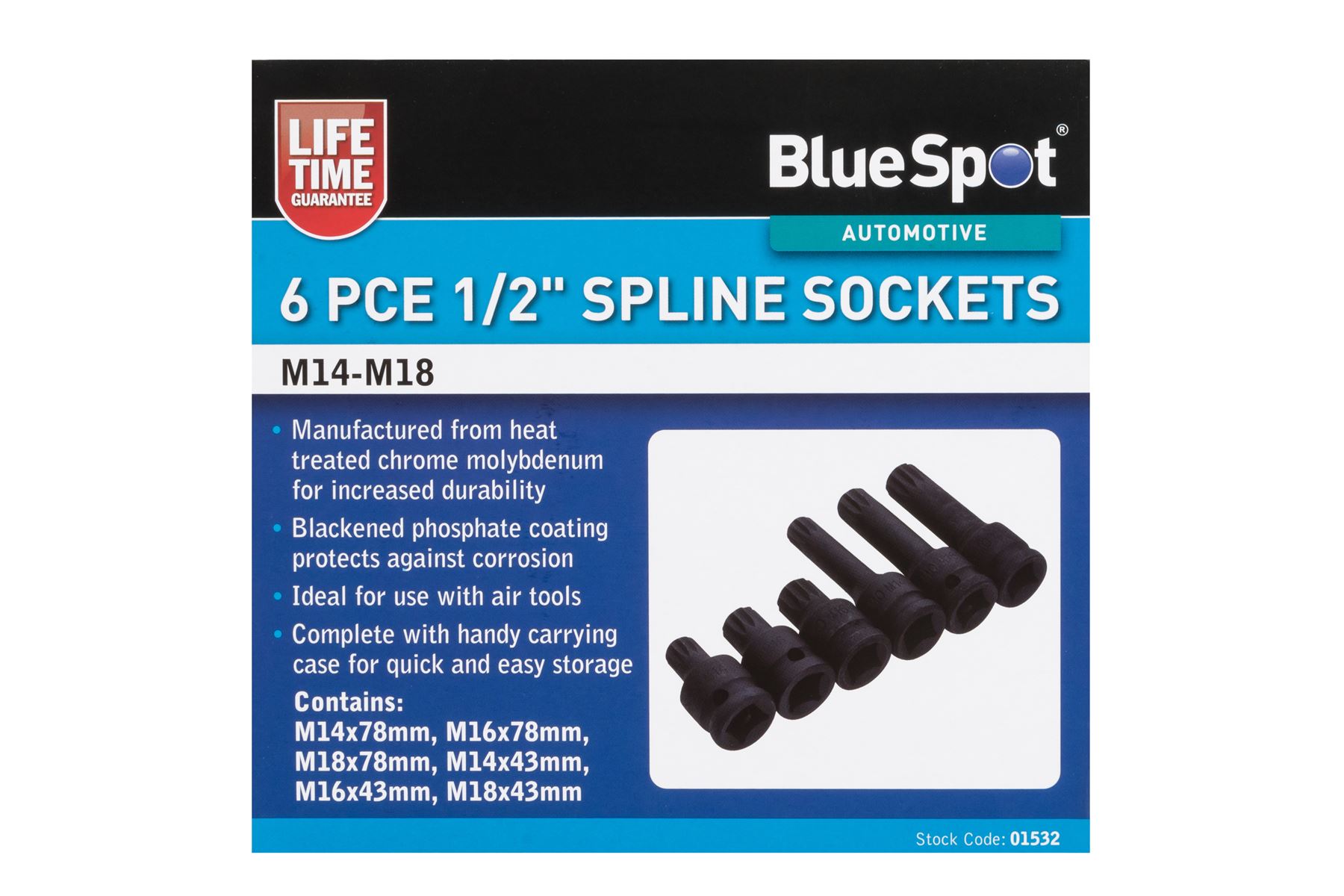 Blue Spot 6-Piece 1/2″ Spline Sockets (M14-M18)
