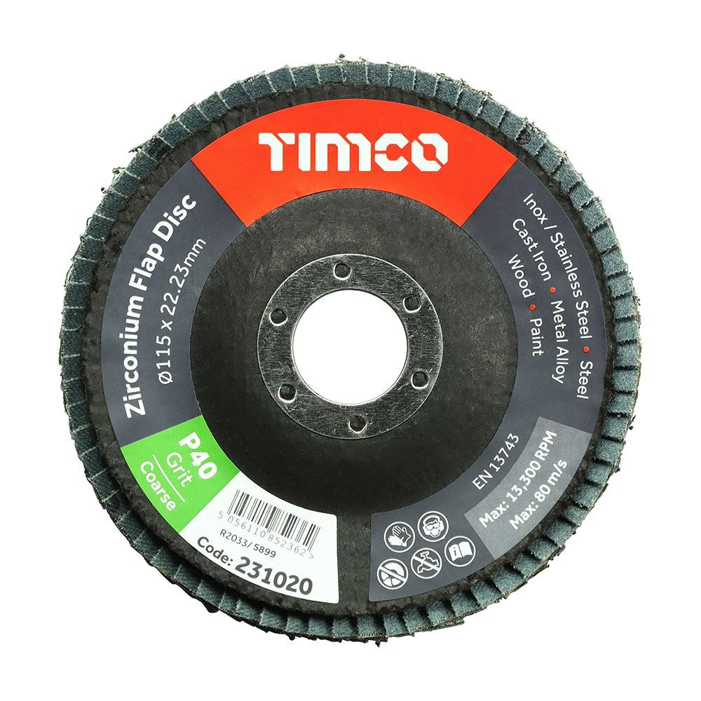 Timco Zirconium Flap Disc - Type 29 Conical, P40 Grit (115x22.23mm)
