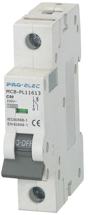 Pro Elec 50A Type C Single Pole MCB, 10kA, 230V