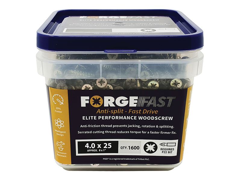 ForgeFix ForgeFast Skru Kayu Pozi Elite, 4.0 x 25mm, 1600pcs