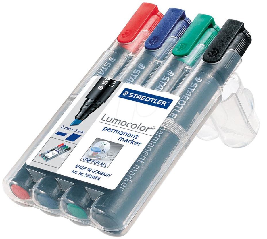 STAEDTLER Lumocolor Permanent Marker Pens, Chisel Tip, 4 Colours