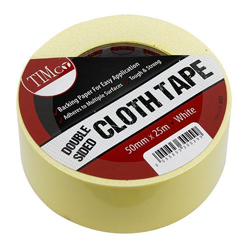 Timco Double-Sided Cloth Tape, White, 25m x 50mm
