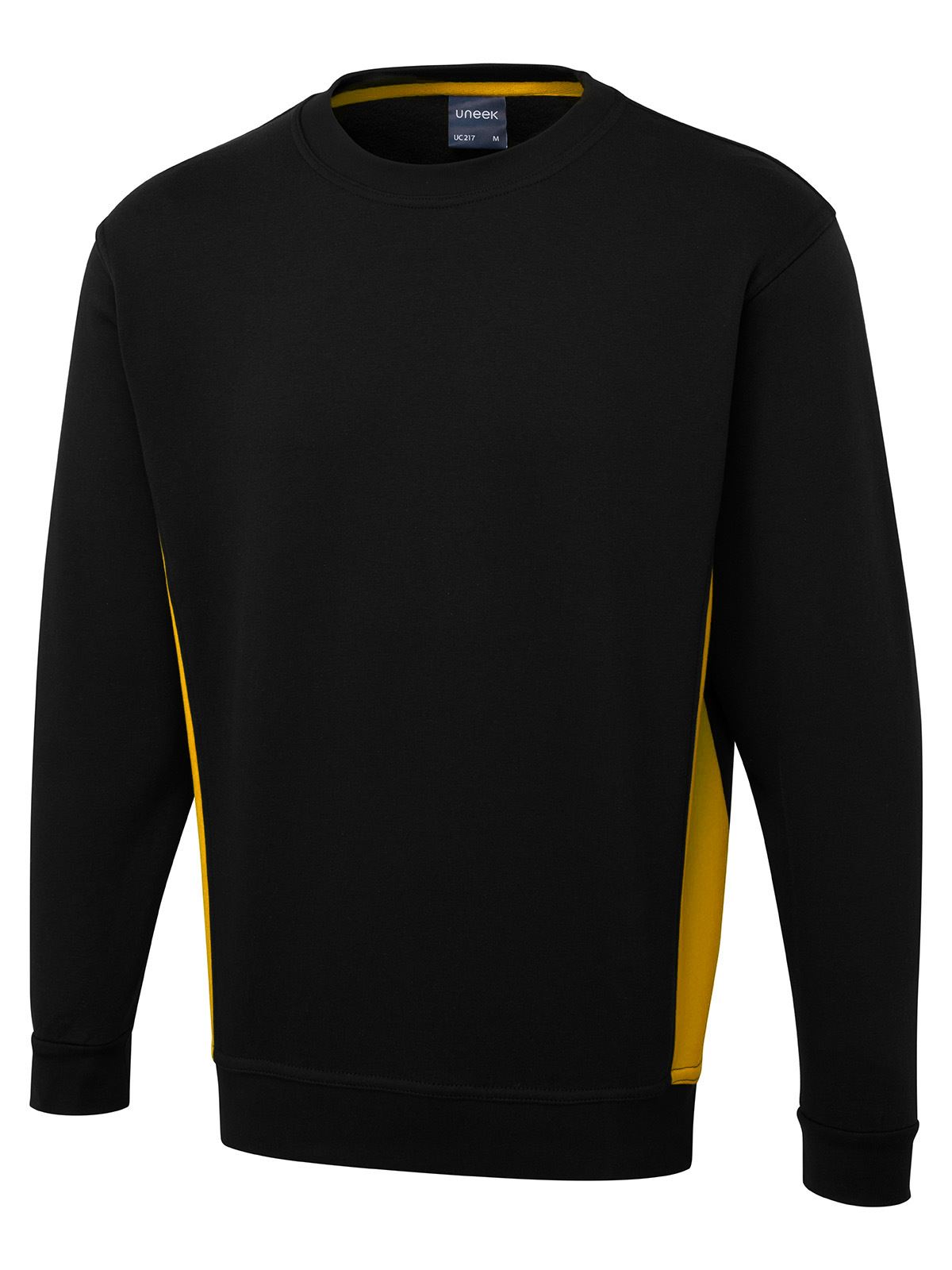 Uneek Sweatshirt Unisex Bicolor Cuello Redondo, 60% Algodón, Negro/Amarillo, T.