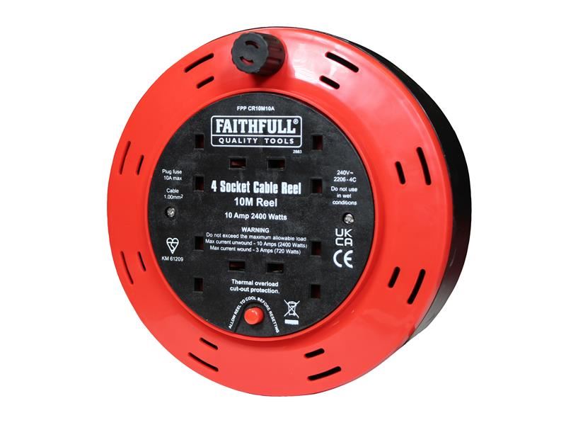 Faithfull Power Plus 10m ケーブルリール 4ソケット 240V 10A