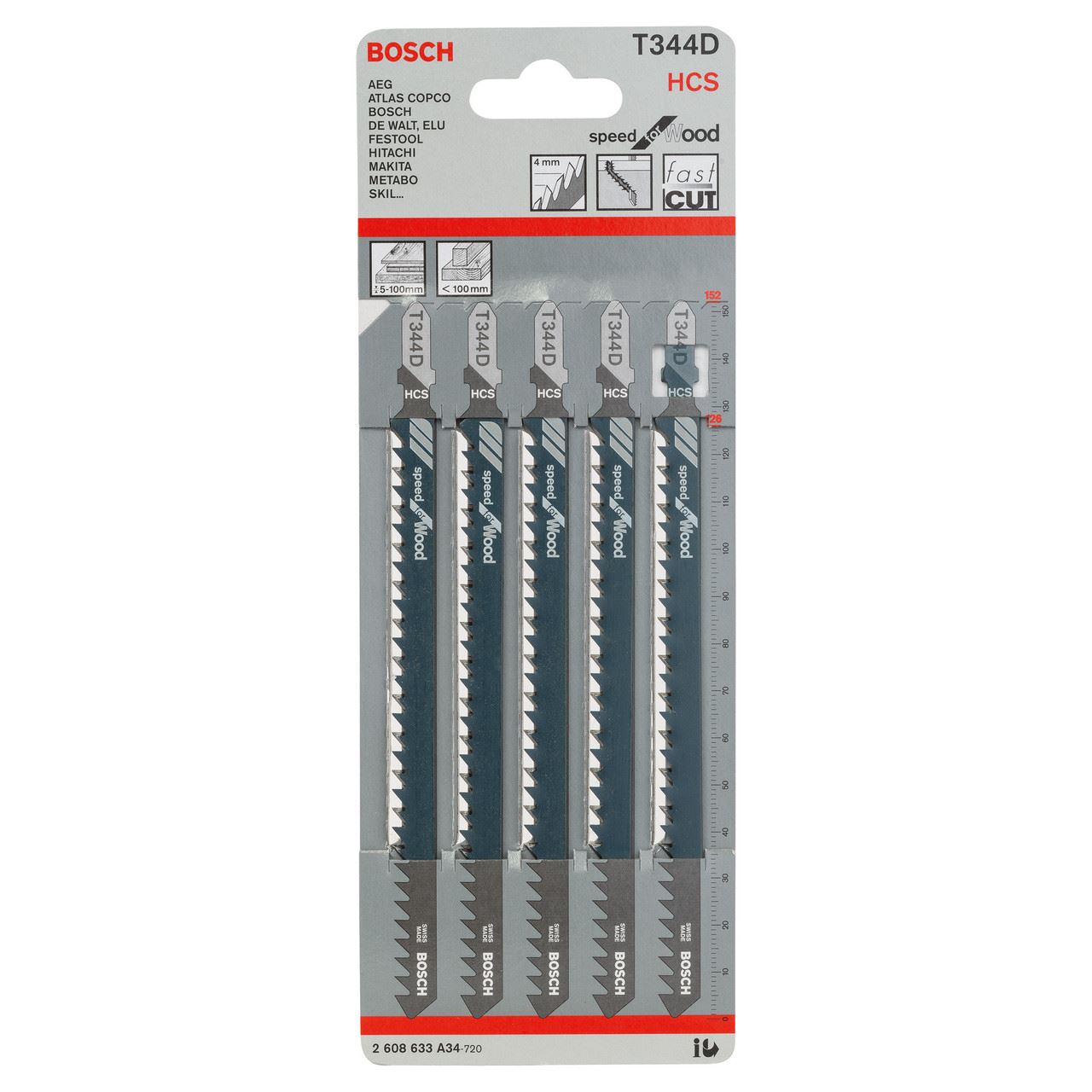 Bosch T344D 톱날 목재용 지그소우 블레이드 5입, 152mm