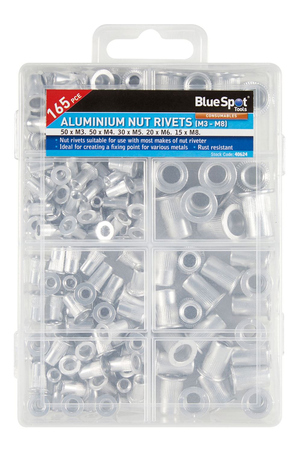 Blue Spot Rivetti a Dado in Alluminio da 165 Pezzi (M3 - M8)