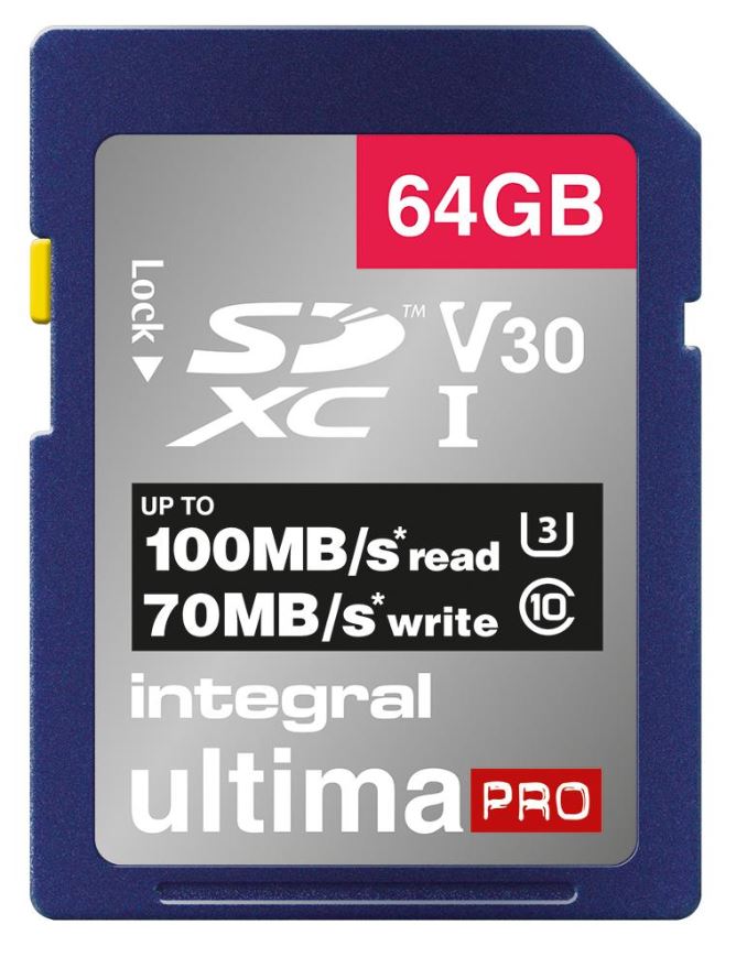 INTEGRAL UltimaPro Premium 64GB SDHC UHS U3 V30 Memory Card, 100MB/s