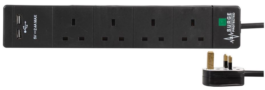 PRO ELEC 4-Gang 2 USB Surge Protected Extension Lead, 1m, Black