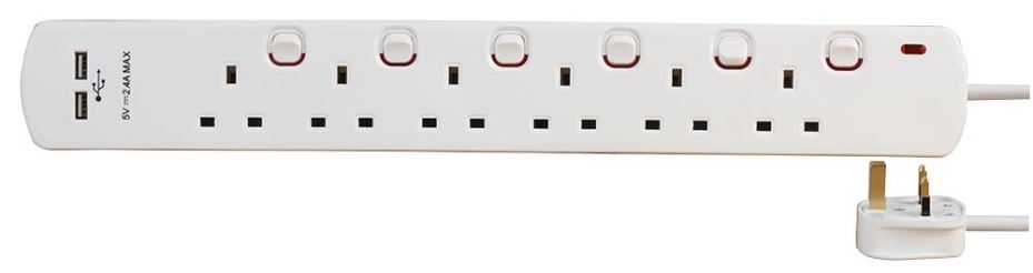 PRO ELEC 6-Gangs verlengsnoer met 2 USB-poorten, 2m, Wit