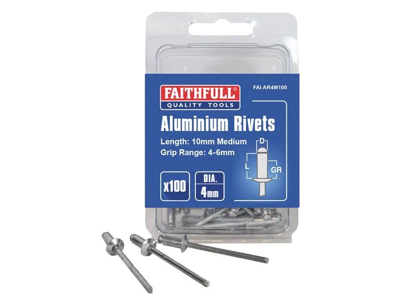 Faithfull Aluminium Rivets 4x10mm, Pack of 100
