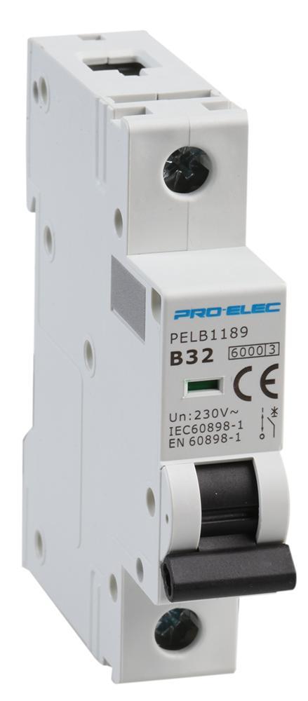 PRO ELEC 32A Single Pole MCB, B Curve, 6kA
