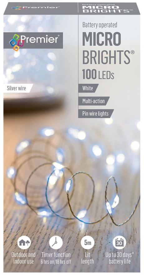 Raraion Timelights - 100 LED Sreangshoilse, Bán, 5m, Oibrithe ar Chadhnraí