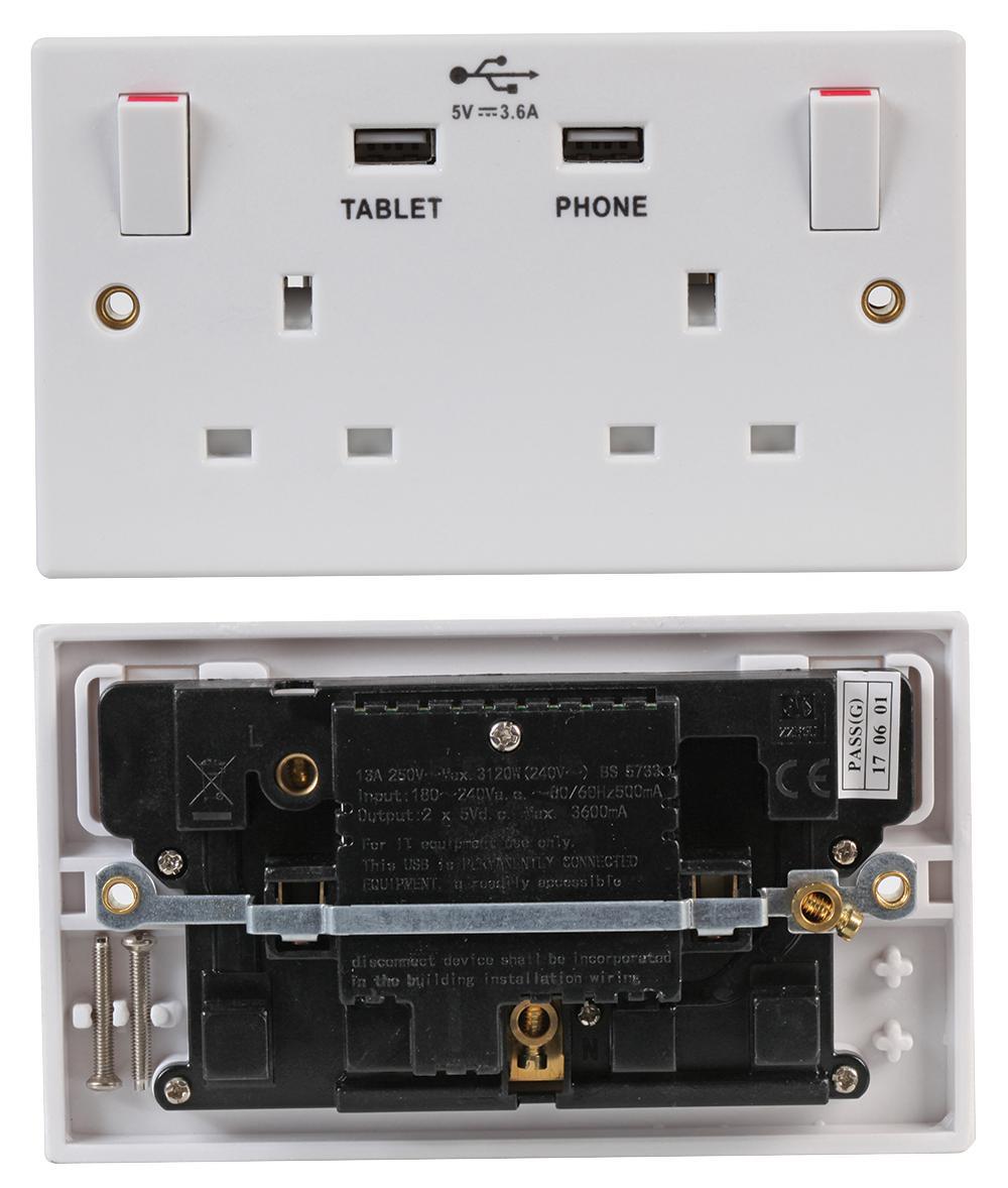 PRO ELEC Enchufe Doble con Interruptor y USB, 13A, Blanco